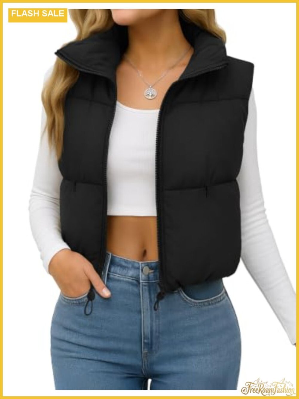 Women's Cropped Puffer Vest Lightweight Padded Quilted Zip-Up